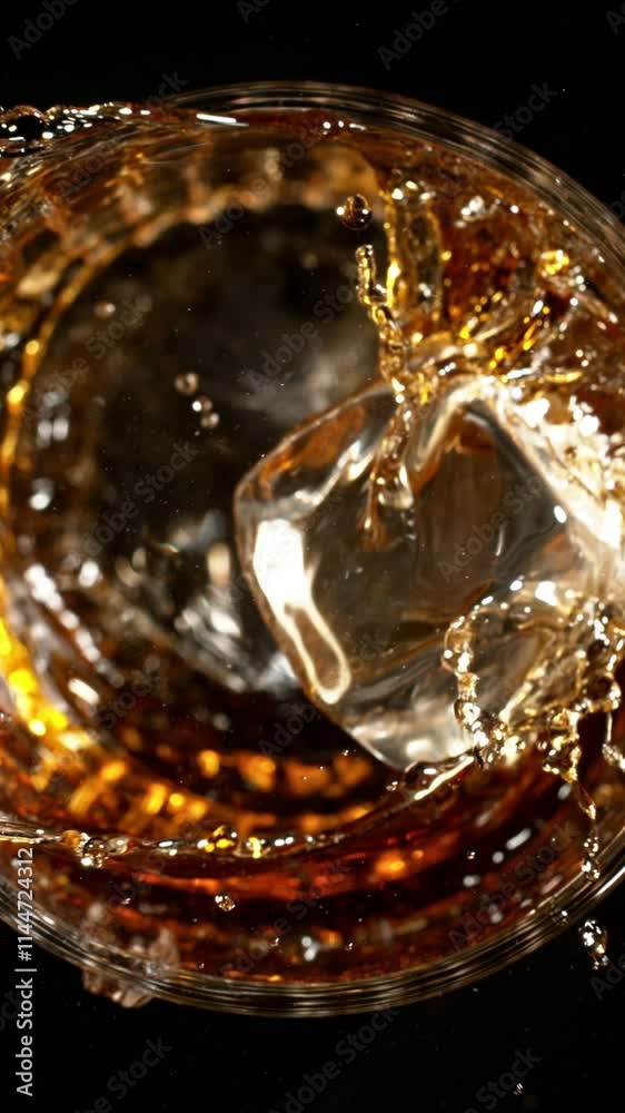 Poster super slow motion of falling ice cube into cola drink. filmed on high speed cinema camera, 1000 fps.