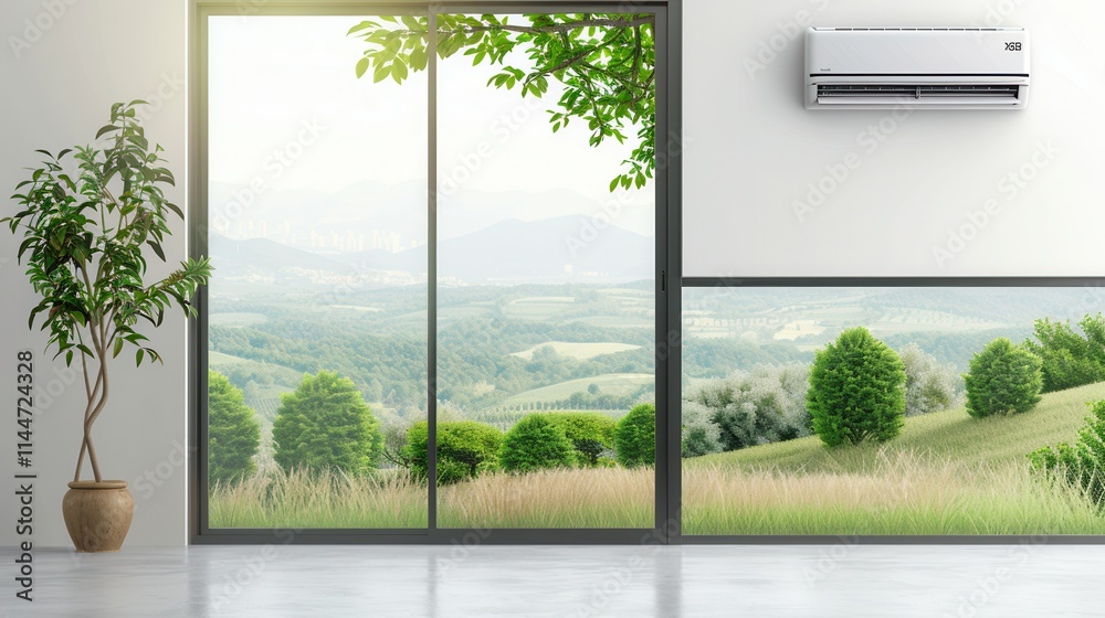Poster modern wall mounted air conditioner with an open window overlooking a scenic landscape of green hill