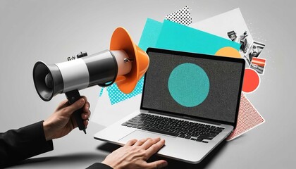 Futuristic illustration about computer technology with a laptop in neon colors. For cover backgrounds, wallpapers and other modern projects. Generated with AI