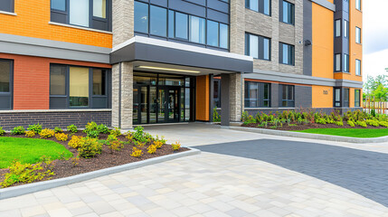 Senior care facility exterior with well-maintained garden and welcoming entrance. Emphasizing comfort and dignity in elderly living environments.