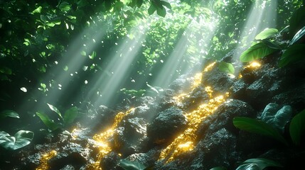 Fototapeta premium Lush verdant rainforest canopy with glimmering golden veins of ore embedded within the rocky terrain
