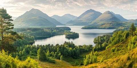Fototapeta premium Breathtaking views of serene mountains reflect in a calm lake. Lush green trees surround the water. A tranquil landscape perfect for nature lovers and outdoor enthusiasts. AI