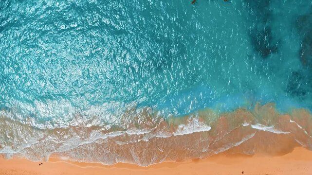 Sandy sea beach with waves, top view. Amazing tropical nature background. Seamless loop of sea waves. Summer ocean landscape from the air. White waves of blue sea on golden sand.