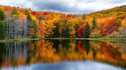 Obraz premium Vibrant autumn forest with colorful foliage reflected in a calm lake under a cloudy sky, AI