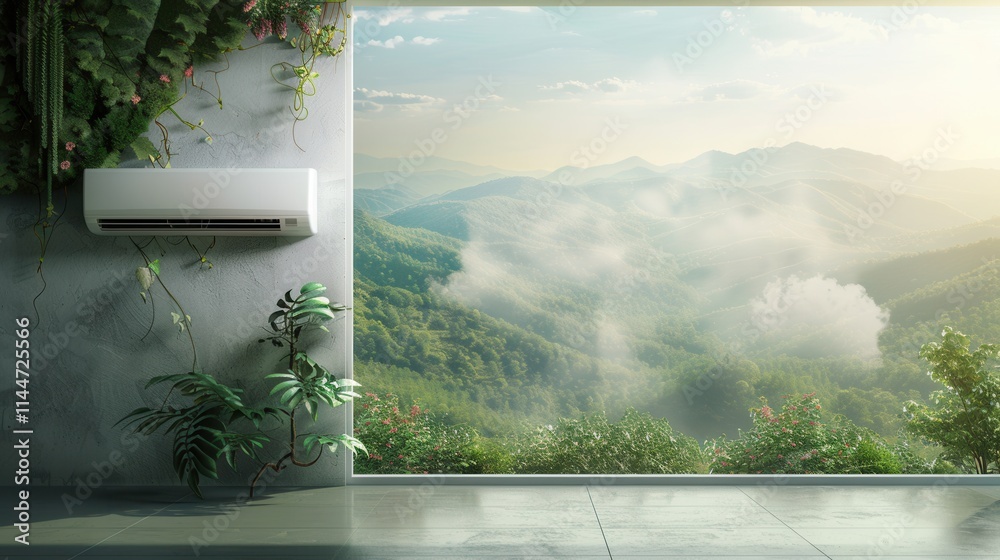 Poster air conditioner mounted on wall next to open window revealing a lush mountain landscape. generative 
