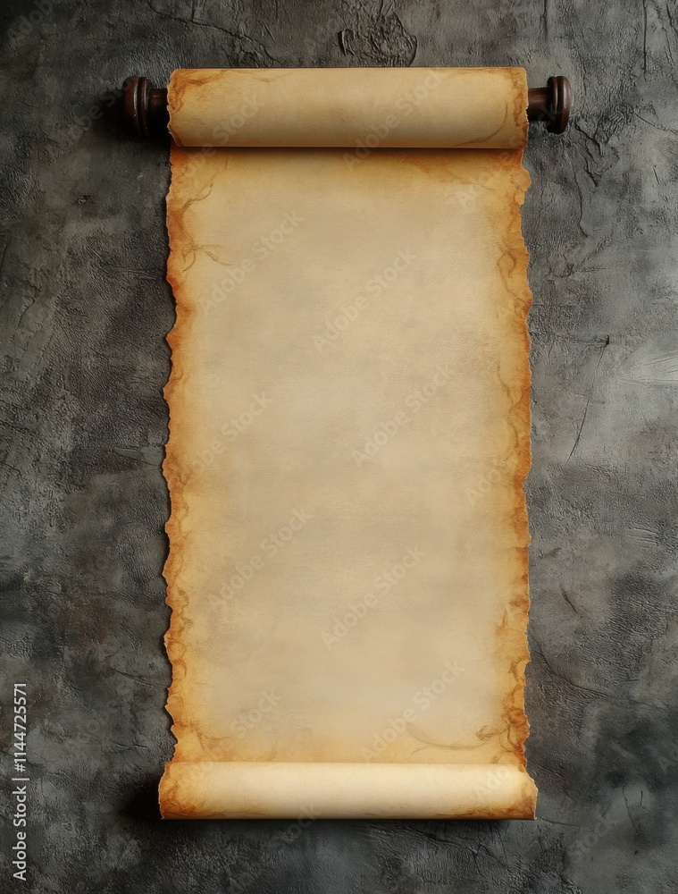 Poster a blank parchment scroll on a dark gray background, with a scroll holder at the top of the rolled pa