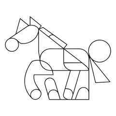 carton horse, black and white illustration, and coloring page on a white background. line drawing style