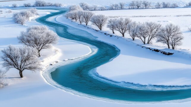 Winding frozen river surrounded by snow-covered landscape and bare trees in winter scenery, AI - Powered by Adobe