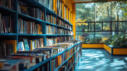 Fototapeta premium A book exchange table filled with novels and educational titles in a community center