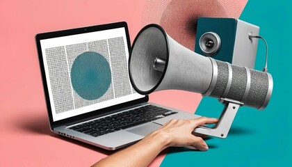 Futuristic illustration about computer technology with a laptop in neon colors. For cover backgrounds, wallpapers and other modern projects. Generated with AI