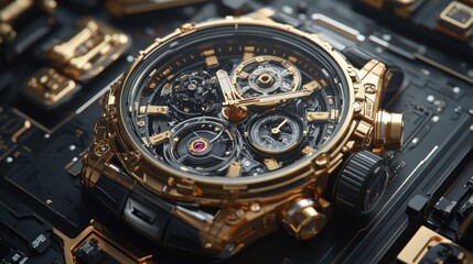 Fototapeta premium Close-up of a luxury gold and black watch with intricate details.