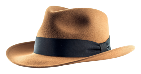 Light brown fedora hat with black ribbon, classic fashion accessory. Vintage style and elegance concept