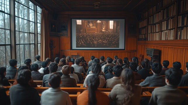 A history class watching a documentary on a projector, with a discussion following the screening