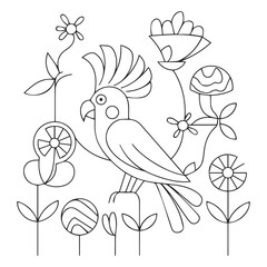 Cockatoo in fantasy flowers. Animals. Hand drawn doodle. Ethnic patterned illustration. African, indian, totem tatoo design. Sketch for avatar, tattoo, poster,