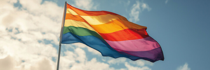 A vibrant rainbow flag billows gracefully in the open air, symbolizing diversity and pride, set against a backdrop of a dynamic, partly cloudy sky.