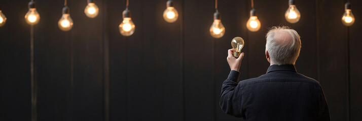 An elderly man examines a lit lightbulb amid a row of hanging bulbs, symbolizing innovation, ideas, and the timeless pursuit of knowledge and creativity.