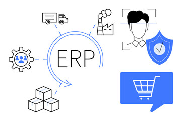 ERP concept with interconnected icons truck, factory, user security, shopping cart, and gears with people. Ideal for business management, logistics, manufacturing, security, e-commerce, team
