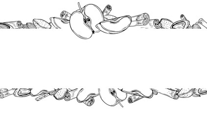 Almond, apple slice and cinnamon sticks horizontal border with empty space for text. Aromatic seasoning with fresh fruit, nut ingredients monochrome illustration hand painted by black inks