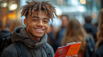 College students attending a career fair, engaging with recruiters and collecting brochures