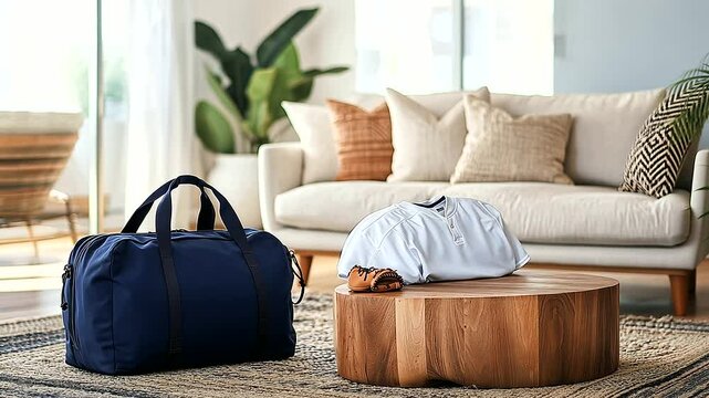 Cozy Living Room with Blue Duffle Bag and Baseball Jersey