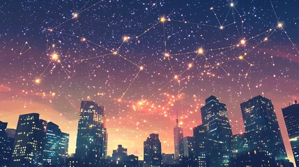 Fototapeta premium Night cityscape with glowing constellation network above.
