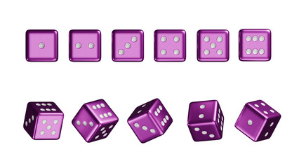Set of casino premium purple dice with all numbers and angles, online casino gambling, Luxury dice for games, falling dices, realistic dice Royal blue theme, 3d rendered.
