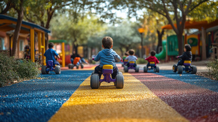 Pre-schoolers riding tricycles on a safe, colorful playground while a teacher supervises