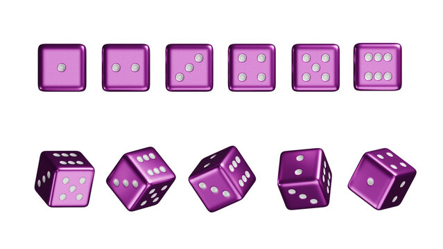 Set of casino premium purple dice with all numbers and angles, online casino gambling, Luxury dice for games, falling dices, realistic dice Royal blue theme, 3d rendered.
