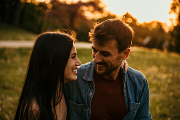 Happy couple walking hand in hand in a beautiful park during sunset