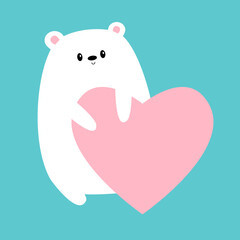 White polar bear holding big pink heart. Happy Valentines Day. Kawaii head face. Cute cartoon funny animal character. Love card. Childish style. Flat design. Isolated. Blue background. Vector