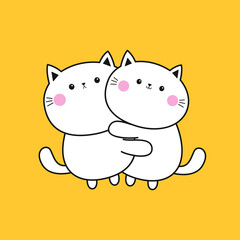Cute cat kitten set hugging Love couple family. Hug, embrace. Line contour silhouette. Kawaii funny cartoon character. Happy Valentines day. Greeting card. Yellow background. Flat design. Vector