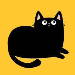 Cute laying cat. Sad face head. Funny kitten with looks up. Kawaii pet animal. Black silhouette icon. Cartoon funny character. Childish style. Happy Halloween. Flat design. Yellow background. Vector