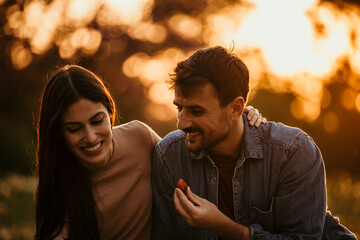 Happy couple enjoying a picnic with food and drinks on a sunny day in the park