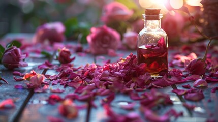 Red essential oil bottle surrounded by rose petals on a rustic surface