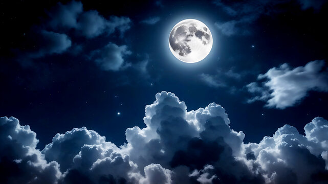 Captivating full moon illuminating clouds and stars in night sky, sky with moon and clouds