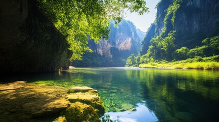 Tranquil River Surrounded by Lush Green Mountains in Nature Scene