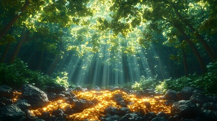 Obraz premium Lush verdant rainforest canopy with glimmering golden veins of ore embedded within the rocky terrain vibrant sunlight filtering through the leaves