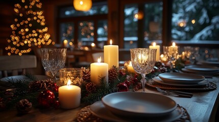 Cozy Christmas dinner setting with candles and decorations