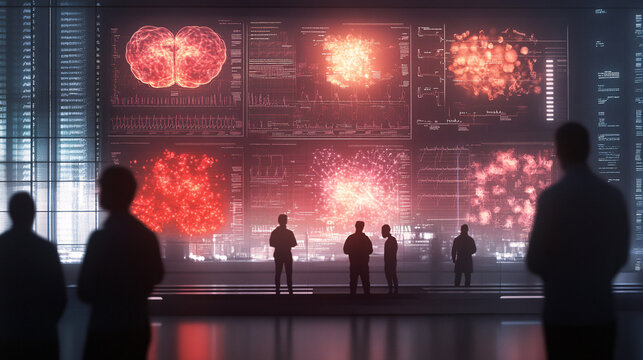A team of doctors and data analysts gathered in a high-tech laboratory, surrounded by holographic displays of vital health statistics and medical diagnostics. The glowing screens project 3D images of