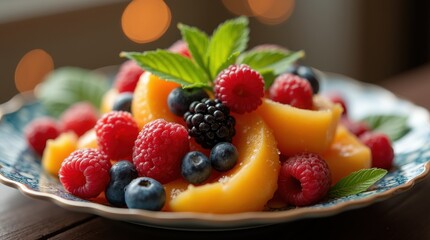 Fresh Raspberry Peach Blueberry Fruit Salad Garnish Mint