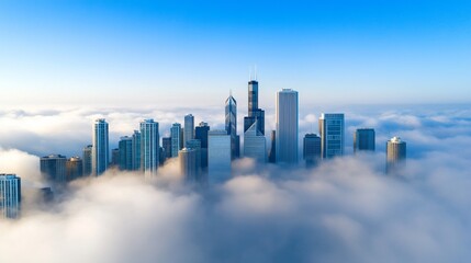 Fototapeta premium Aerial view of a city skyline emerging from dense clouds under a clear blue sky, showcasing modern architecture and urban landscape.