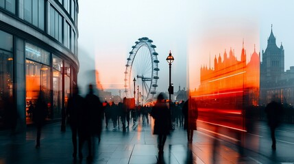 London cityscape with blurred pedestrians, Ferris wheel, and Houses of Parliament reflection.