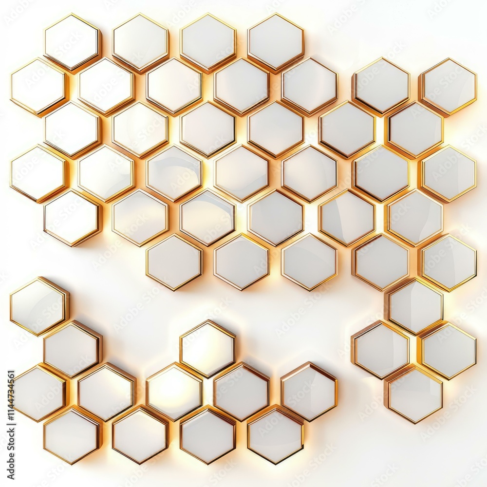 Poster three dimensional rendering of white hexagons with golden edges forming an abstract pattern on a whi