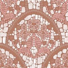 A seamless mosaic pattern featuring intricate floral and geometric designs in warm tones of brown, yellow, and white, creating a rich, textured look.