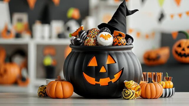 A black cauldron filled with colorful Halloween candies and decorations.