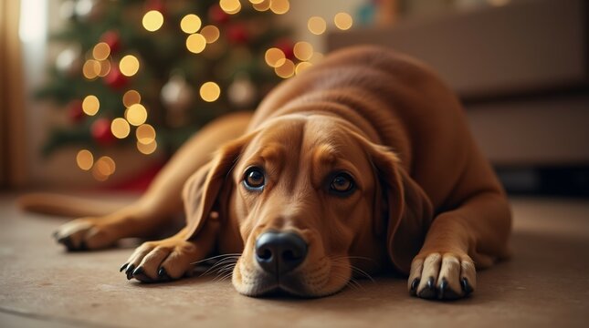 Redbone Coonhound Sitting in Front of Decorated Christmas Tree, Holiday Pet, Festive Home.