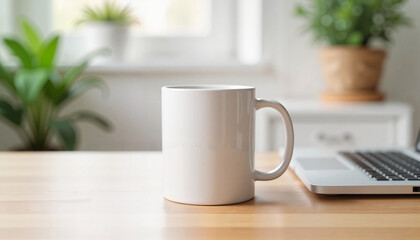 Obraz premium Mockup of white ceramic mug on desk with laptop and green plants in soft lighting