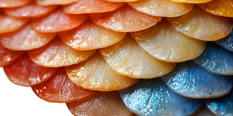 Colorful overlapping scales with shimmering texture isolated on transparent background