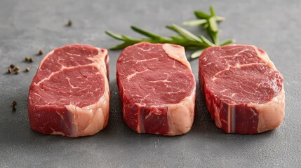 Three raw beef steaks, rosemary, peppercorns.