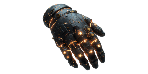 Futuristic robotic hand with illuminated details isolated on transparent background